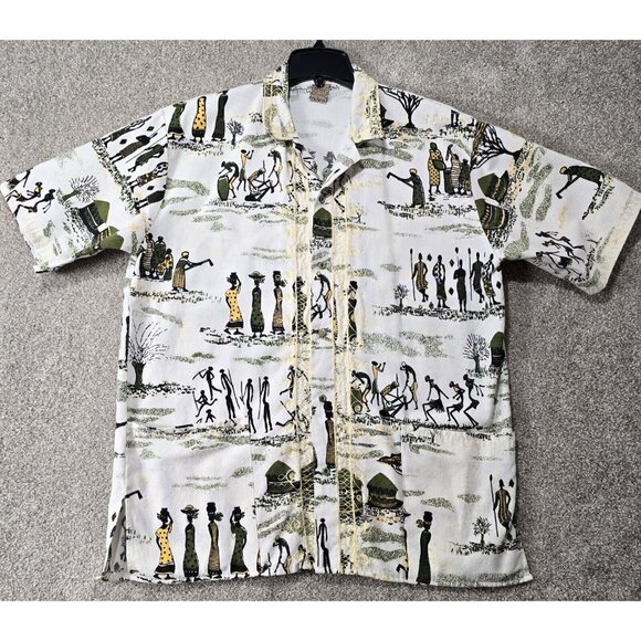 IMAGE VTG African Tribal Button Up Shirt Men's XL Embroidery Trim All Over Print - Picture 1 of 11
